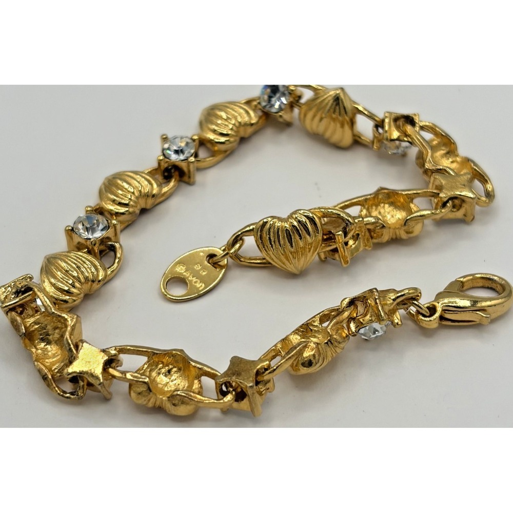 AVON NR Gold Tone Ribbed Heart Clear Rhinestone Link Bracelet
